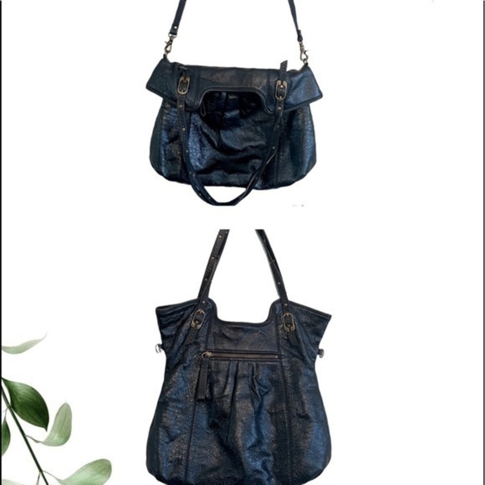 The Sak Black Fold Over Black Leather Convertible Crossbody Shoulder Bag